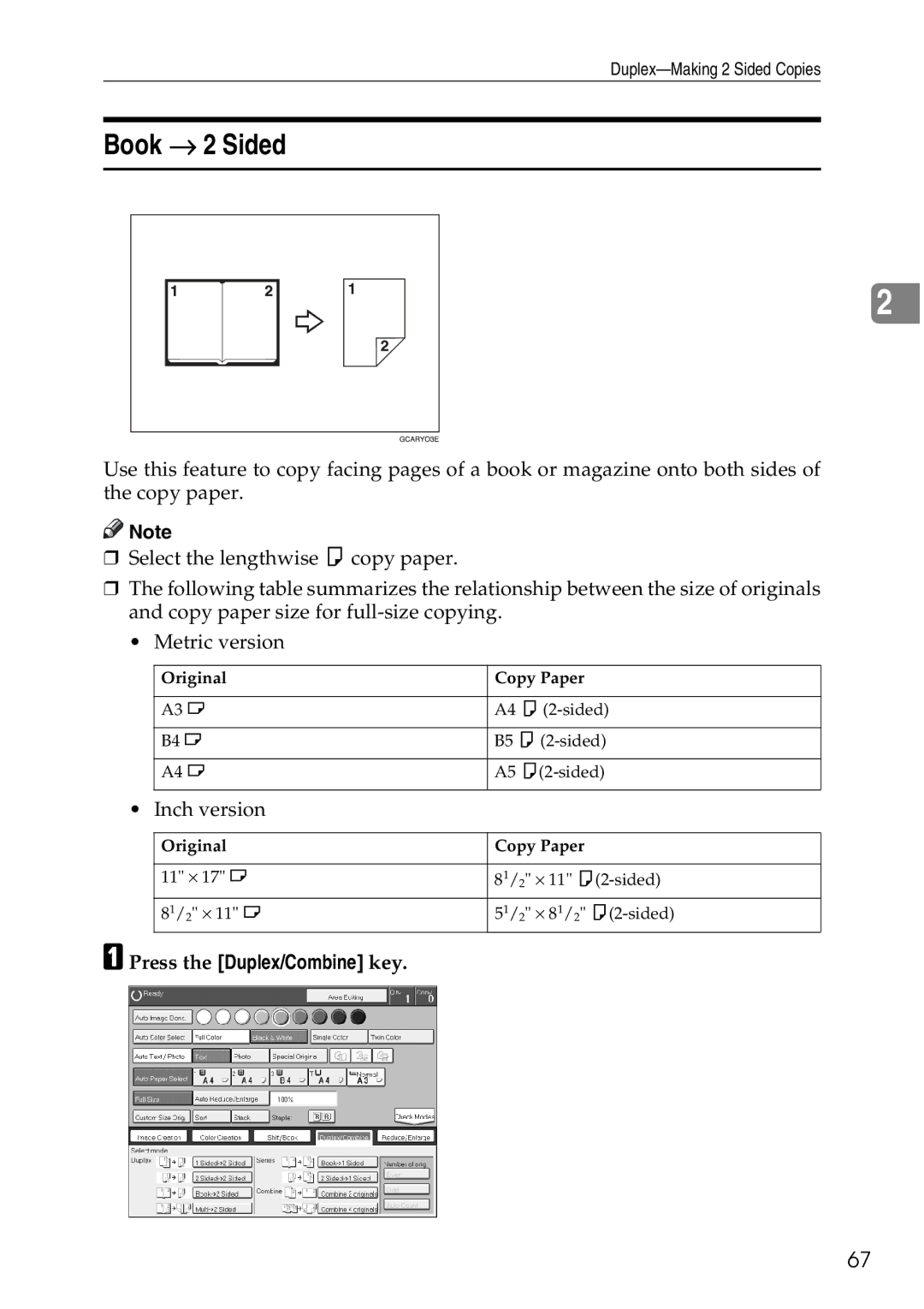 Ricoh 4506 operating instructions Book → 2 Sided, Press the Duplex/Combine key 