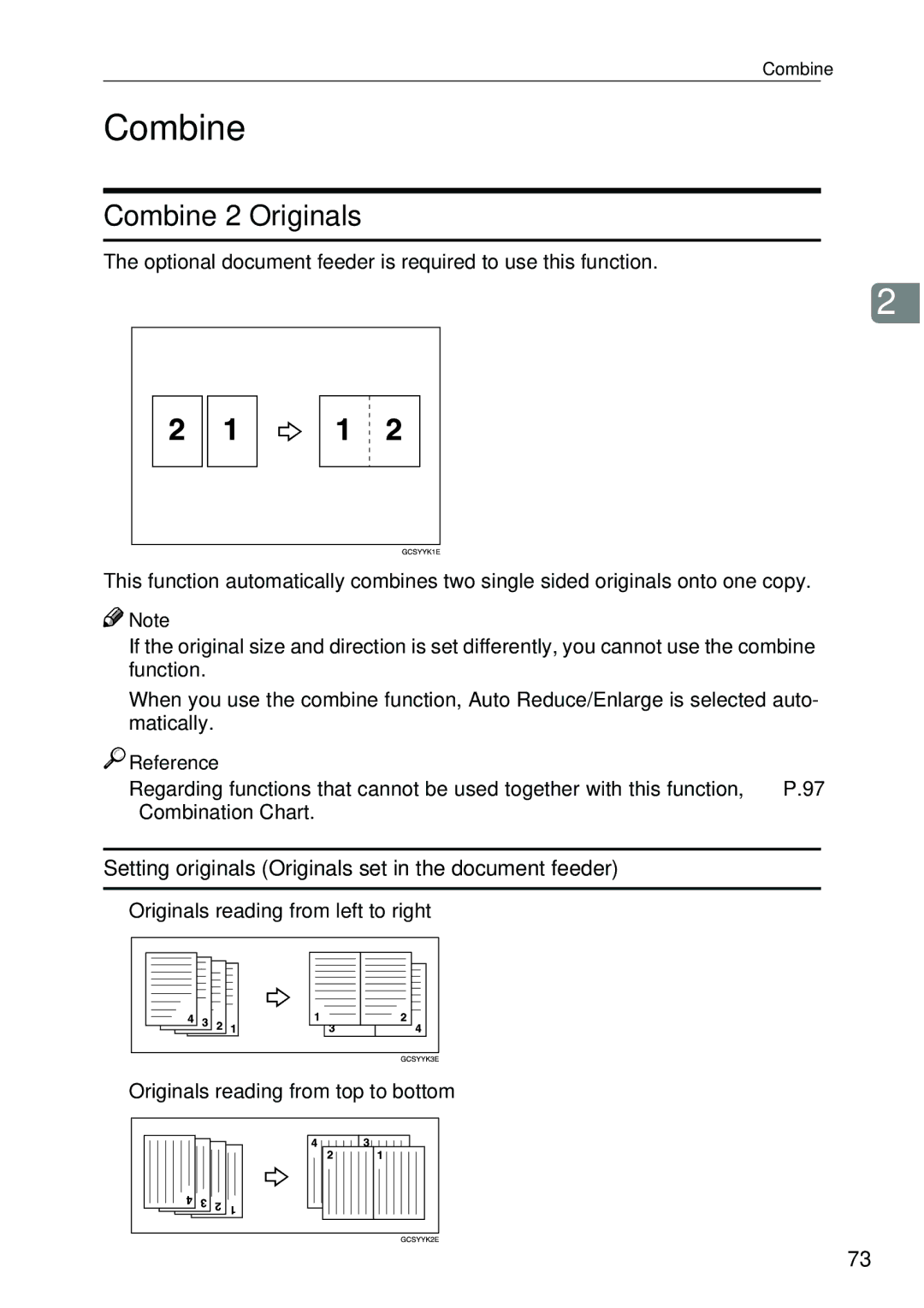 Ricoh 4506 operating instructions Combine 2 Originals, Setting originals Originals set in the document feeder 