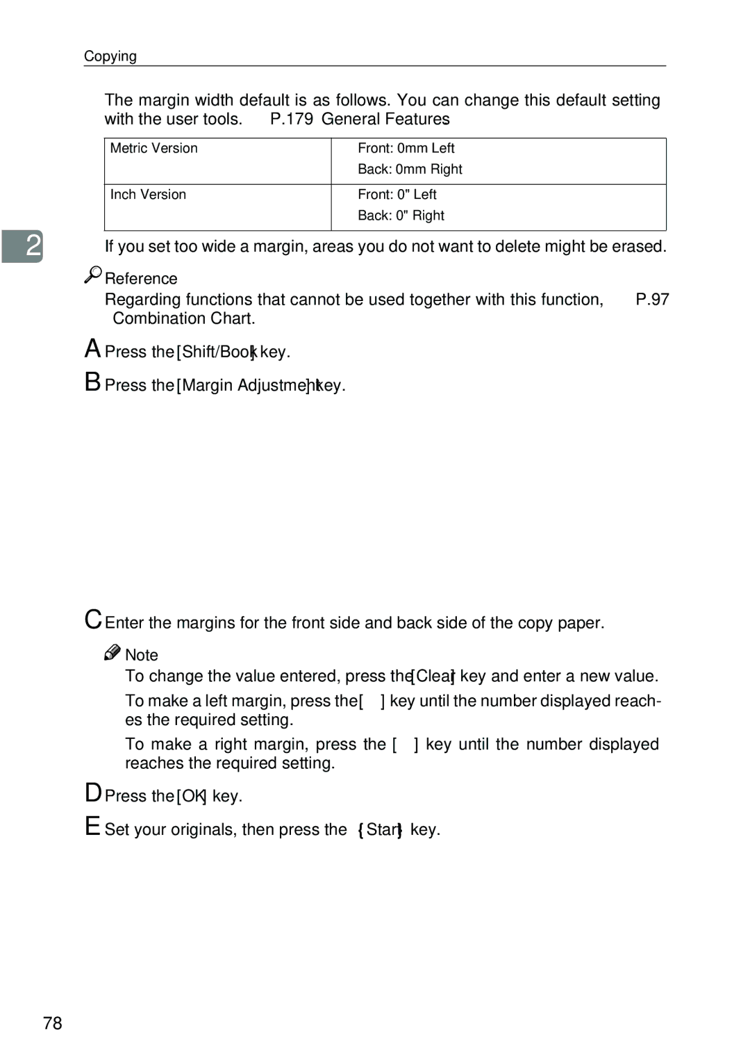 Ricoh 4506 operating instructions Reference, Press the Margin Adjustment key 