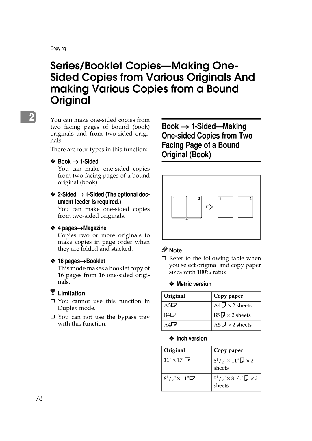 Ricoh 450e, 350e Book → 1-Sided, Pages→Magazine, Pages→Booklet, Sided → 1-Sided The optional doc- ument feeder is required 