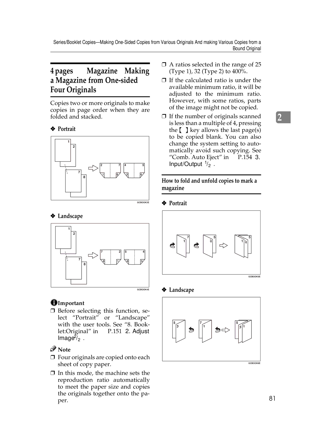 Ricoh 350e, 450e manual Landscape, How to fold and unfold copies to mark a magazine Portrait 