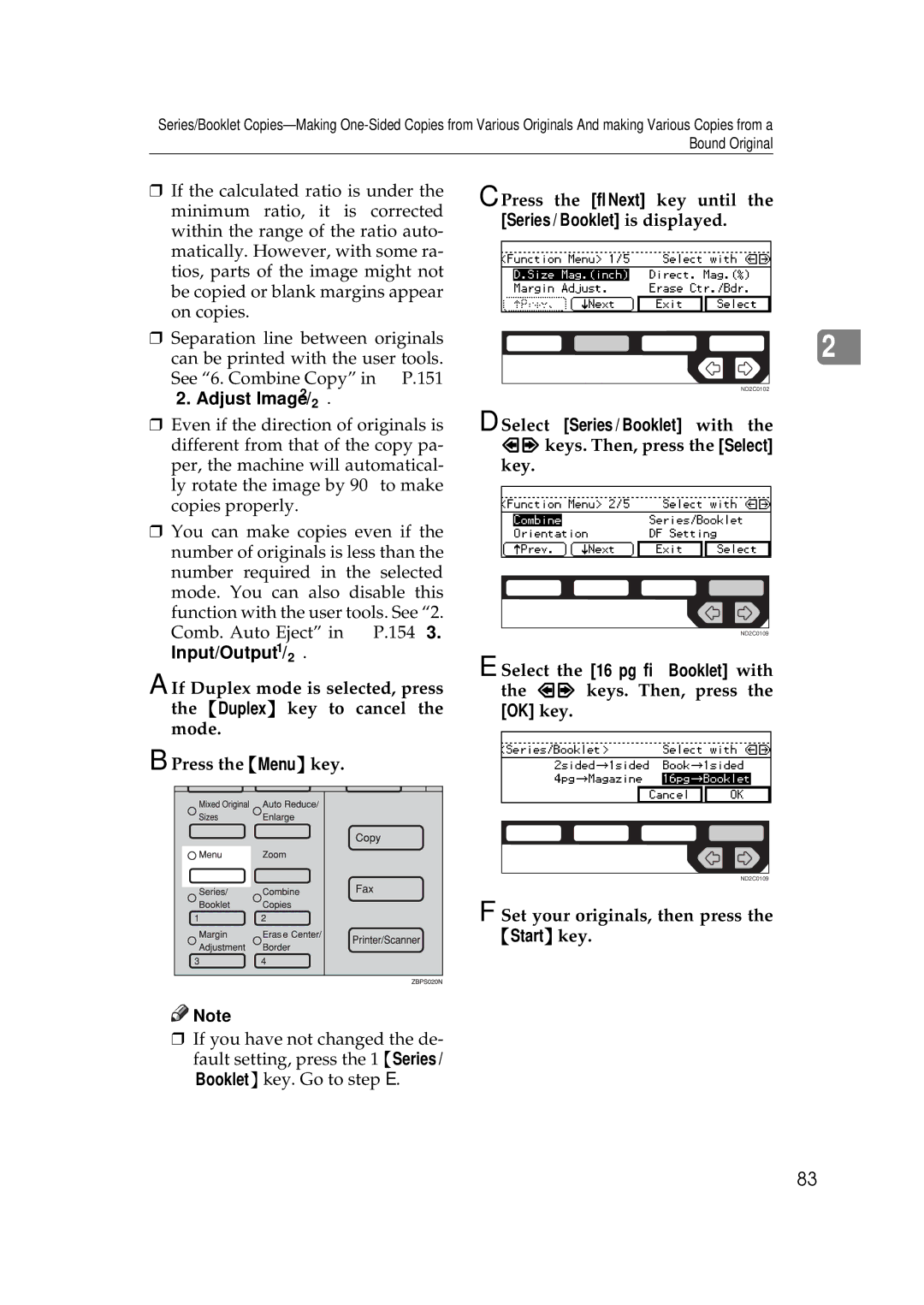 Ricoh 350e, 450e manual Series / Booklet is displayed, Select the 16 pg → Booklet with the keys. Then, press 