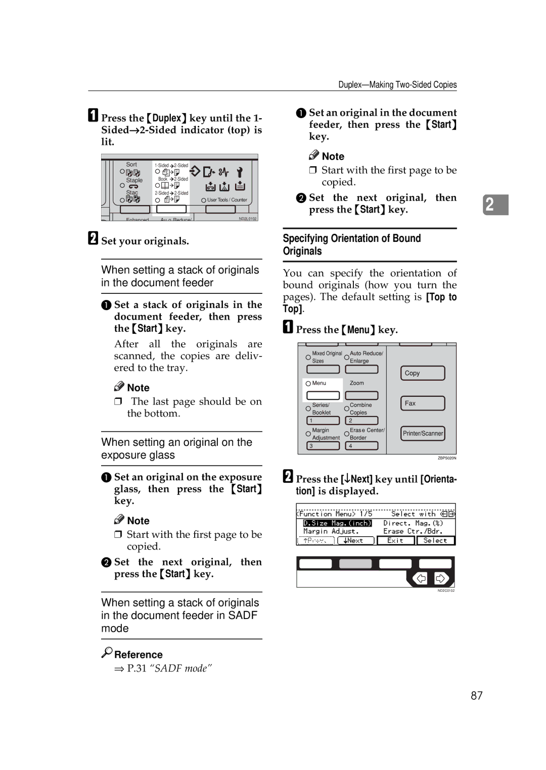 Ricoh 350e, 450e manual Specifying Orientation of Bound Originals, Set the next original Then Press the Start key 