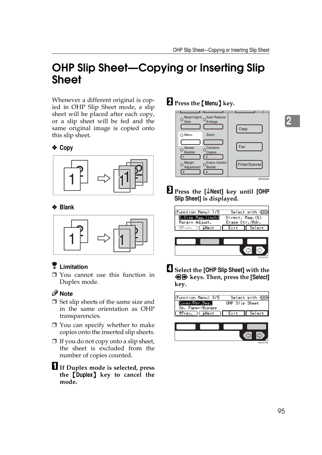 Ricoh 350e, 450e manual OHP Slip Sheet-Copying or Inserting Slip Sheet, Copy Blank 