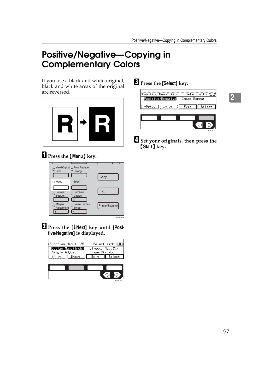 Ricoh 350e, 450e manual Positive/Negative-Copying Complementary Colors, Press the Select key 