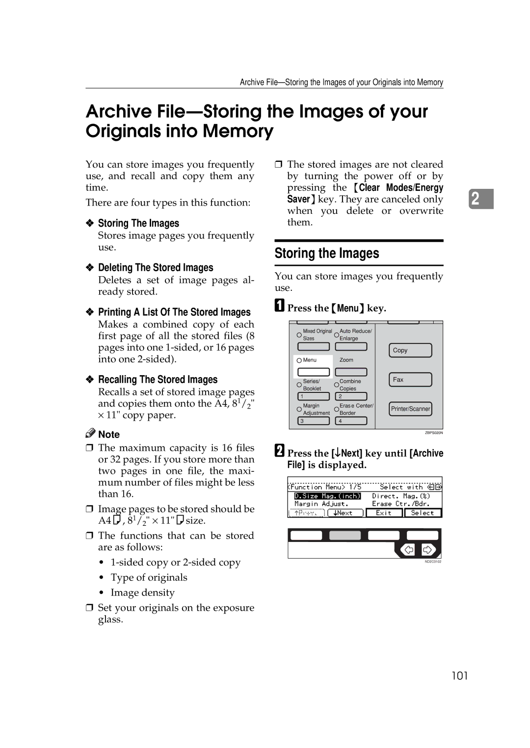 Ricoh 350e, 450e manual Storing the Images, Storing The Images, Deleting The Stored Images, Recalling The Stored Images, 101 