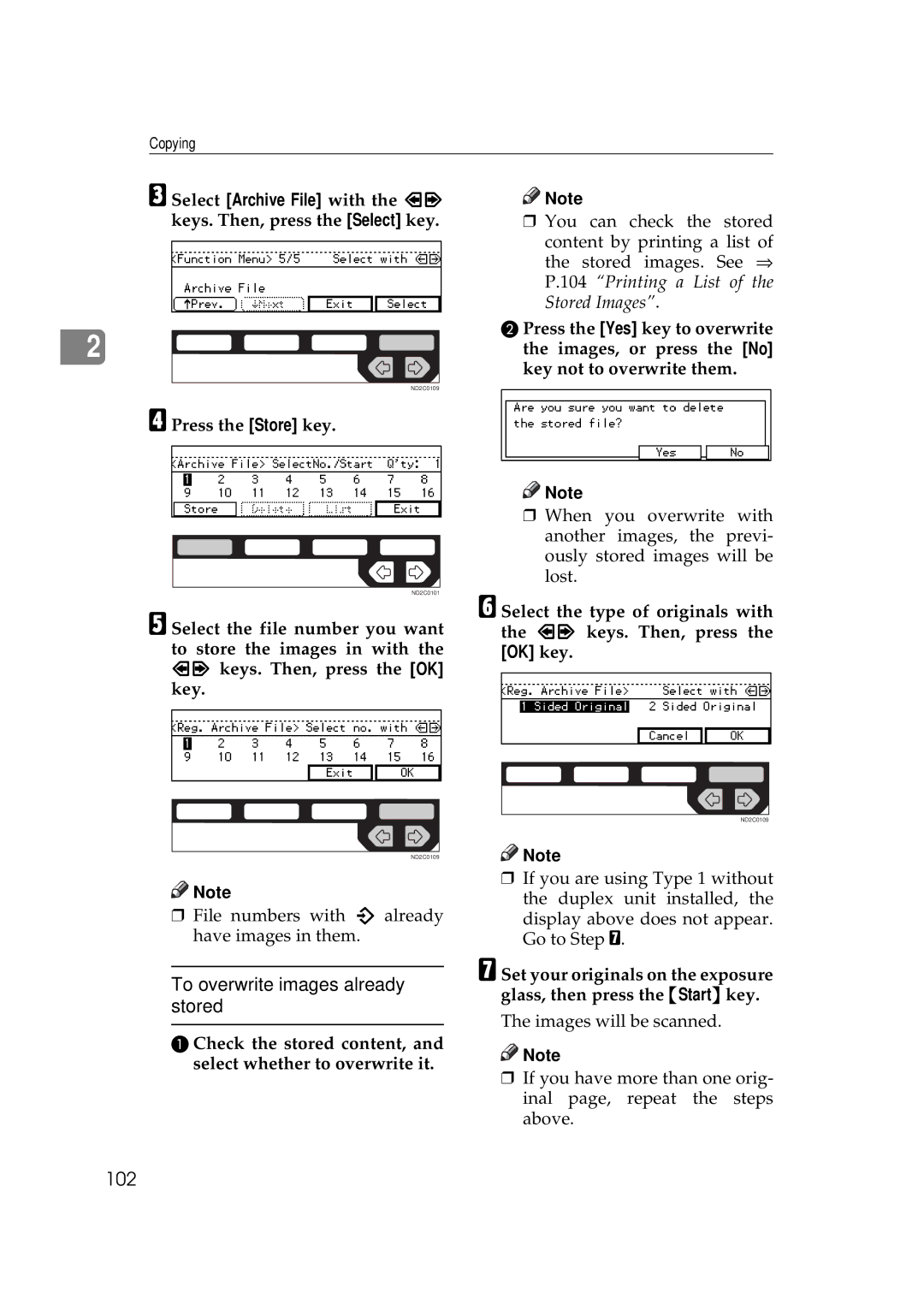 Ricoh 450e, 350e manual To overwrite images already stored, 102, Select the type of originals with the keys. Then, press 