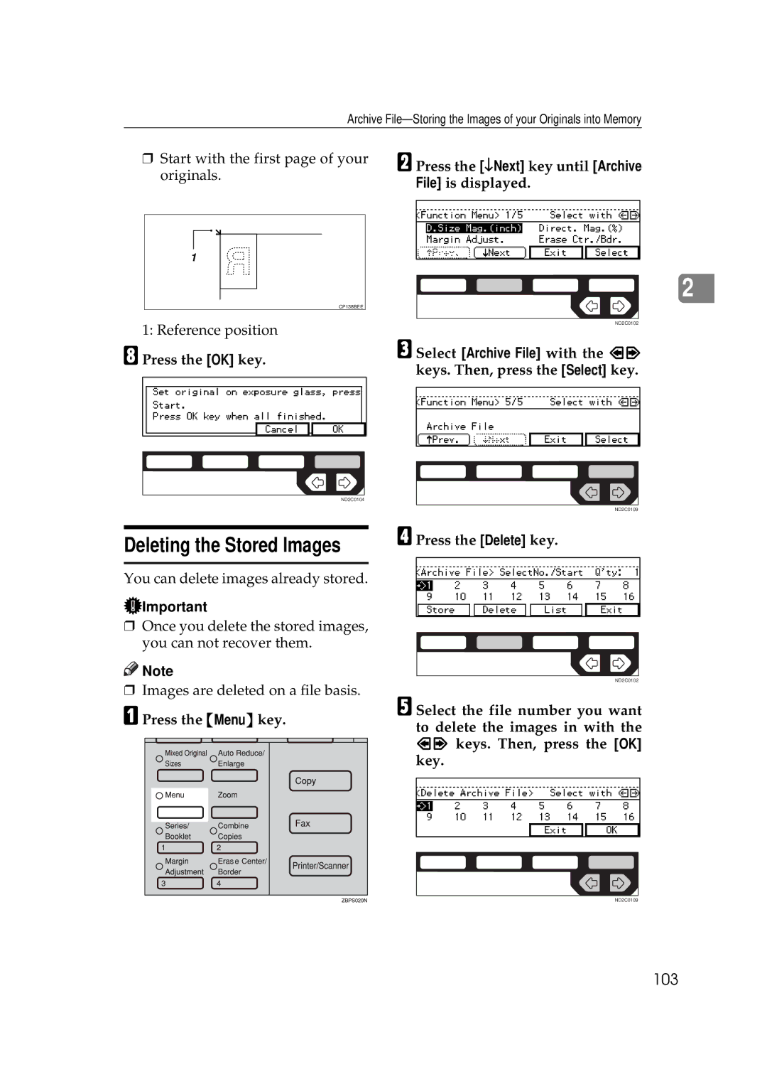 Ricoh 350e, 450e manual Deleting the Stored Images, 103, Start with the first page of your, Originals File is displayed 