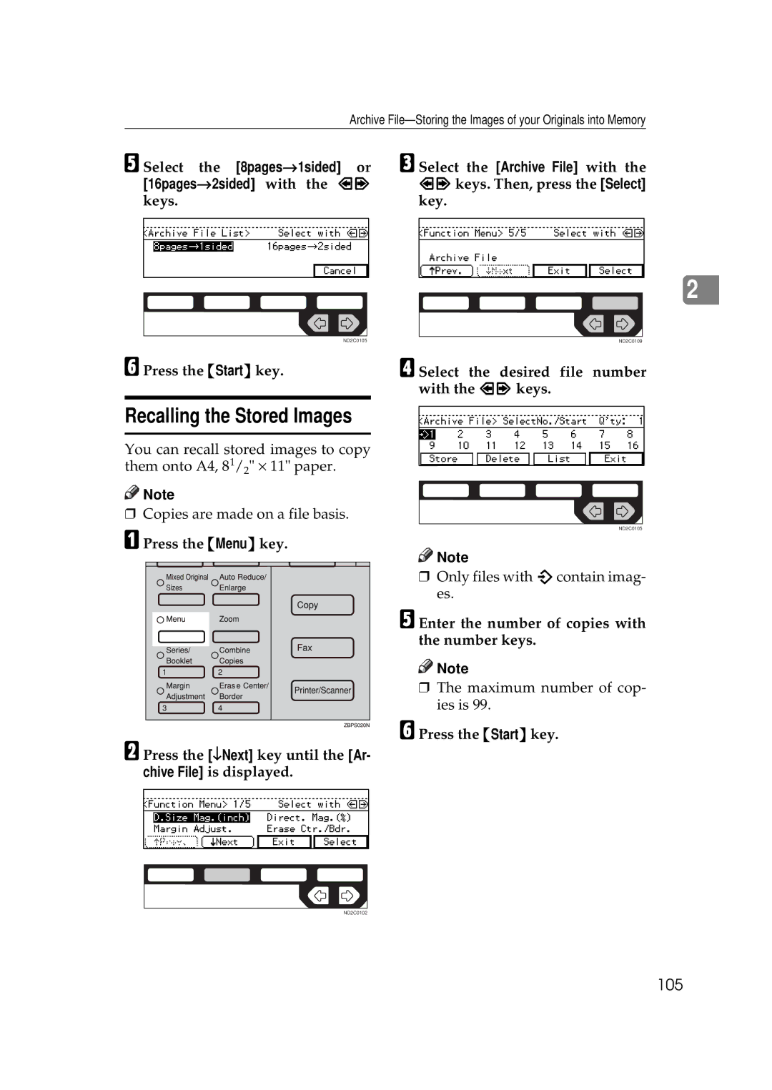 Ricoh 350e, 450e manual Recalling the Stored Images, 105, Select the 8pages→1sided or, 16pages→2sided with 