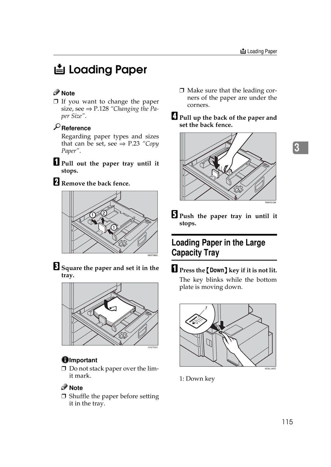 Ricoh 350e, 450e manual Loading Paper in the Large Capacity Tray, 115, Press the Downkey if it is not lit 