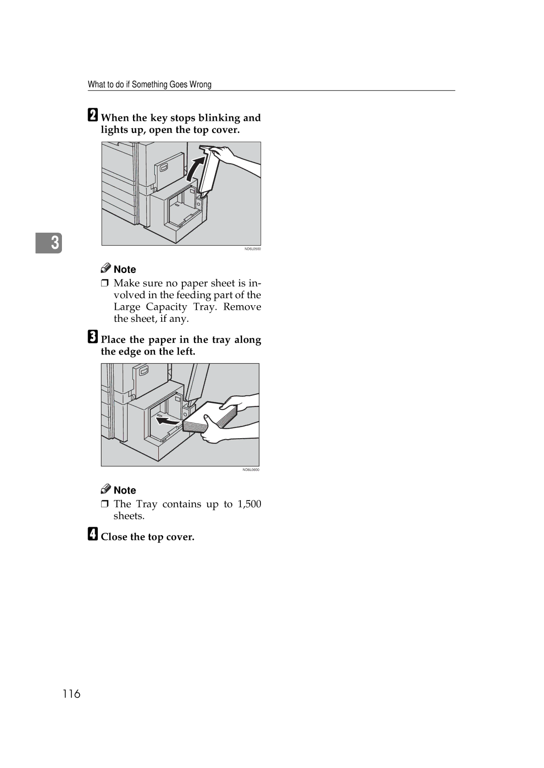 Ricoh 450e, 350e manual 116, Place the paper in the tray along the edge on the left, Close the top cover 