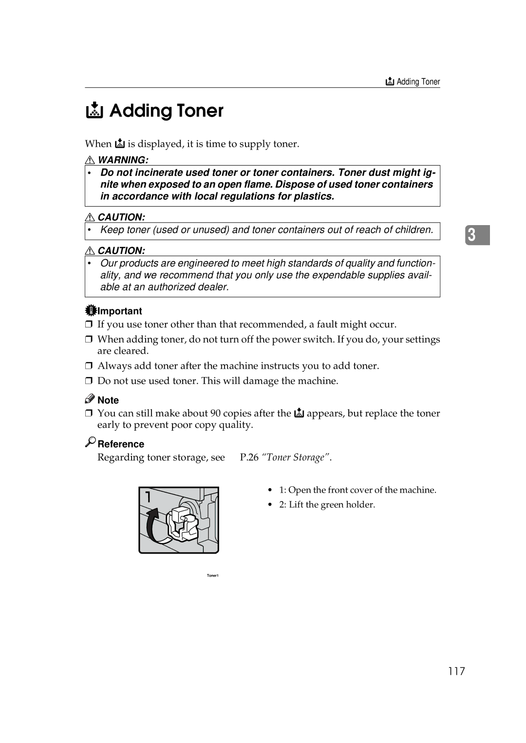 Ricoh 350e, 450e manual Adding Toner, 117 