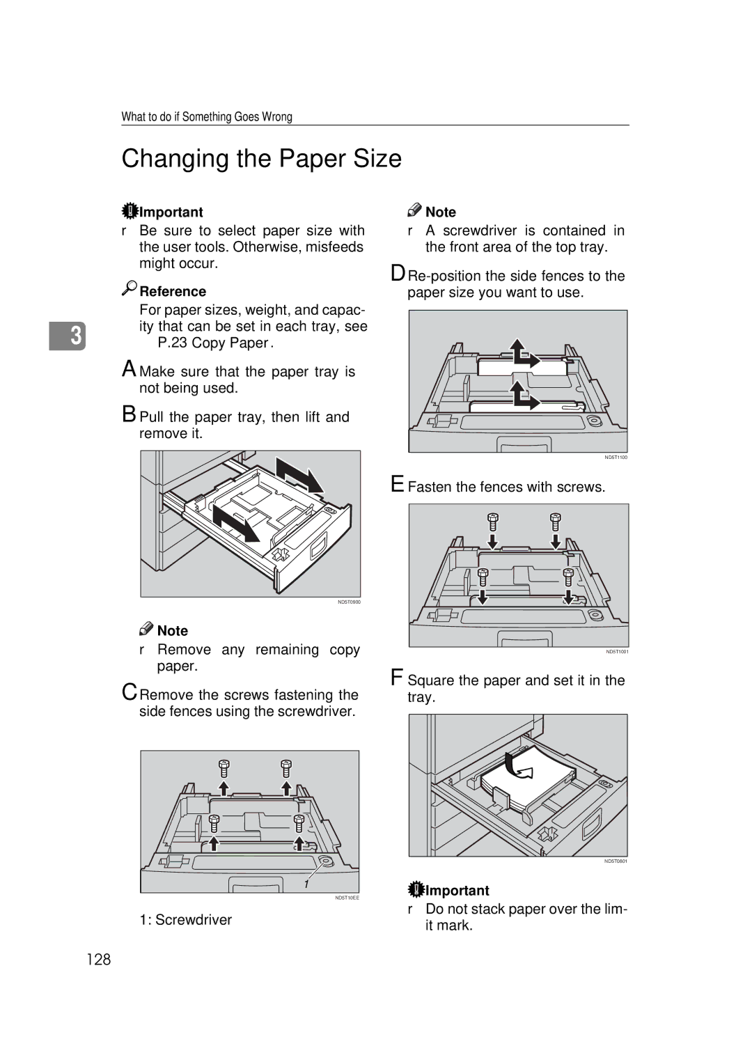 Ricoh 450e, 350e manual Changing the Paper Size, 128, Fasten the fences with screws 