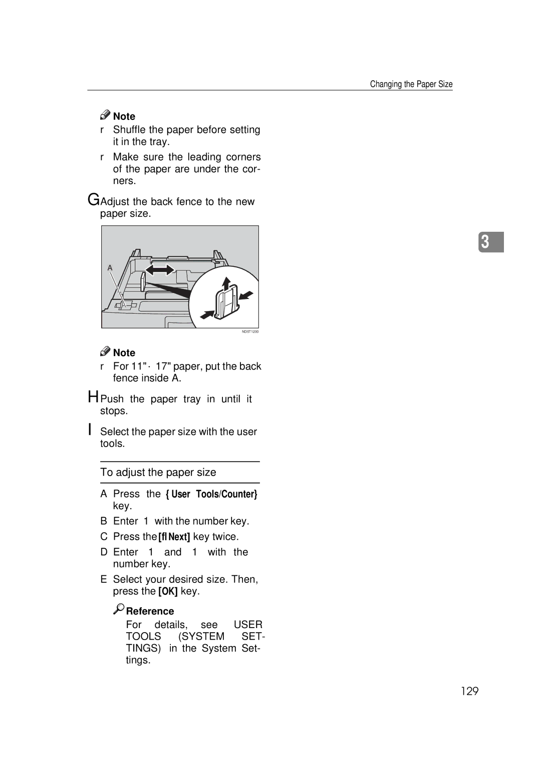 Ricoh 350e, 450e manual To adjust the paper size, 129, Adjust the back fence to the new paper size 