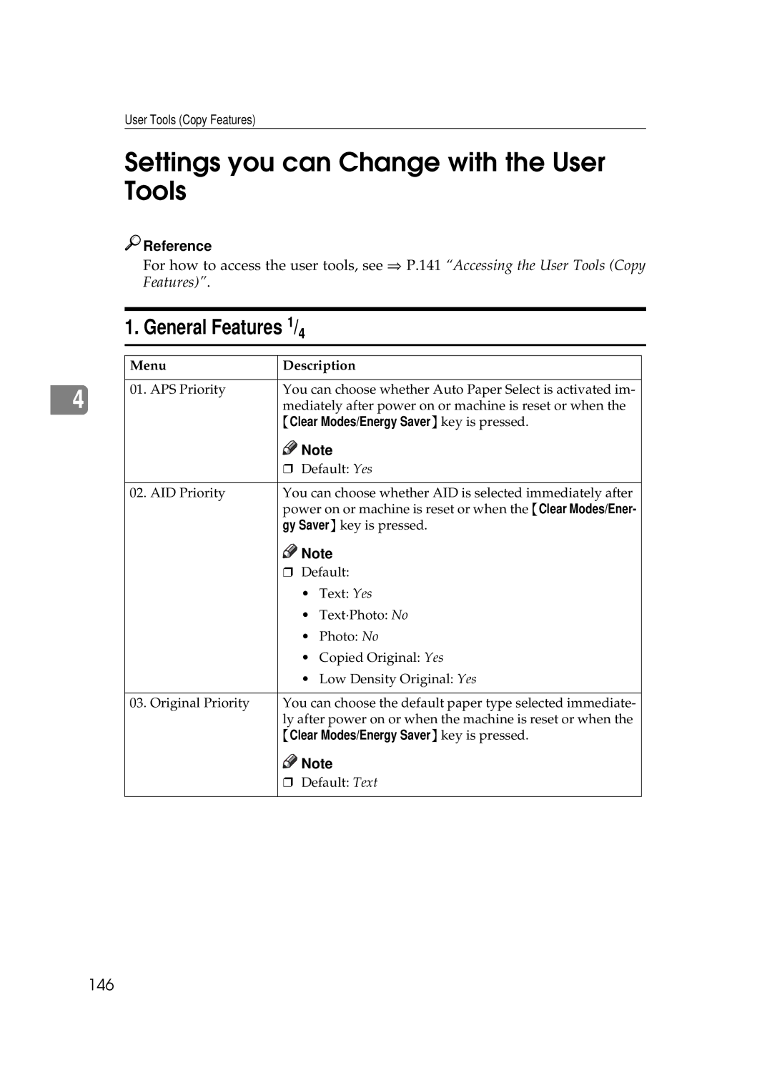 Ricoh 450e, 350e manual Settings you can Change with the User Tools, General Features 1/4, 146 