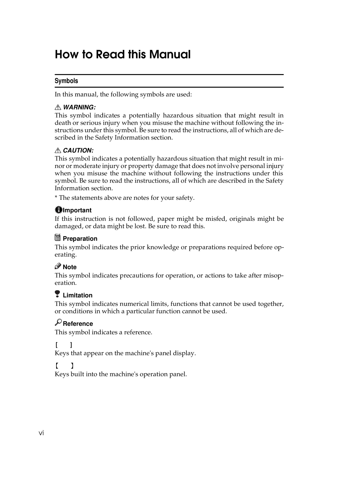 Ricoh 450e, 350e manual How to Read this Manual, Symbols, Preparation, Limitation, Reference 