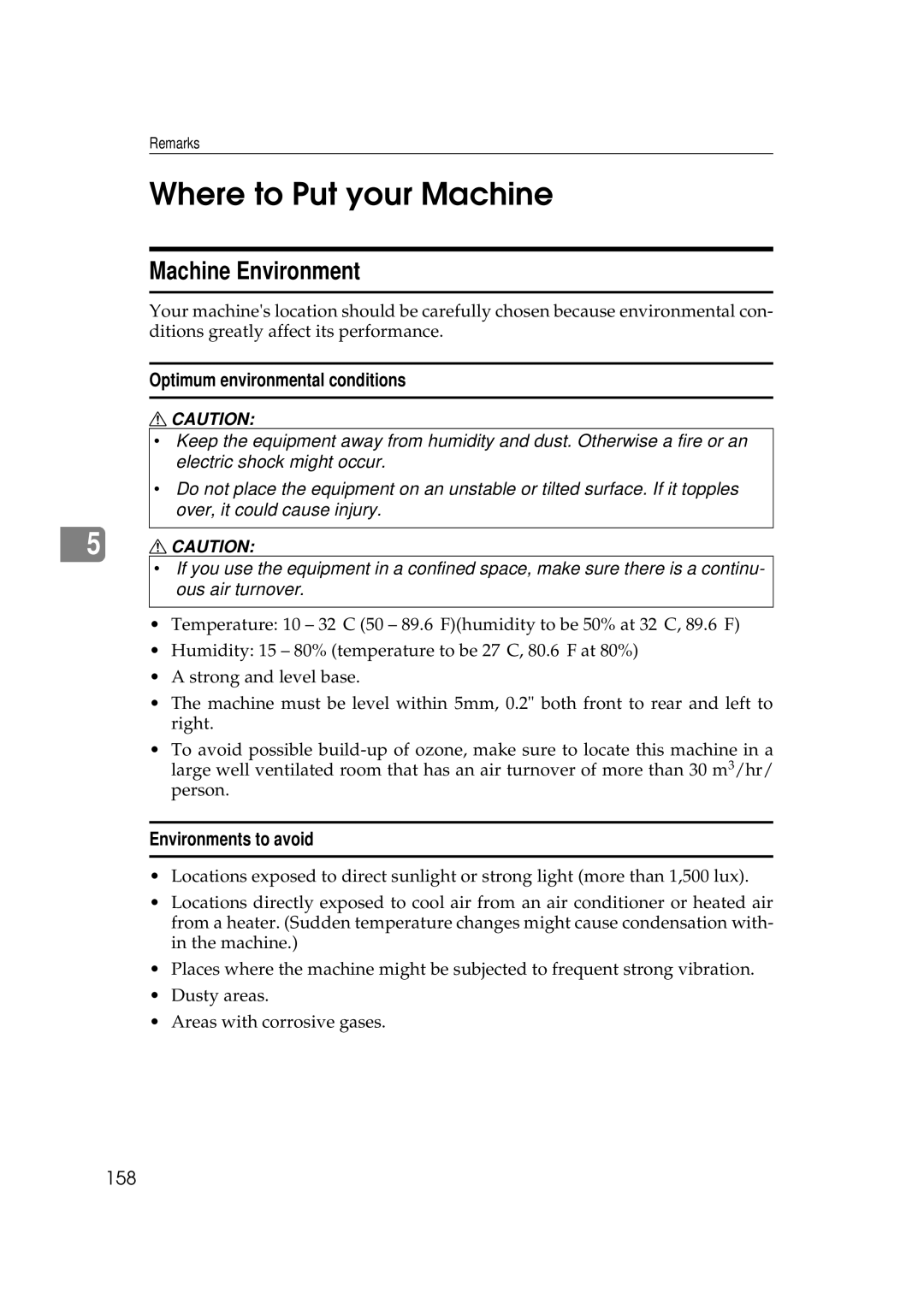 Ricoh 450e Where to Put your Machine, Machine Environment, Optimum environmental conditions, Environments to avoid, 158 