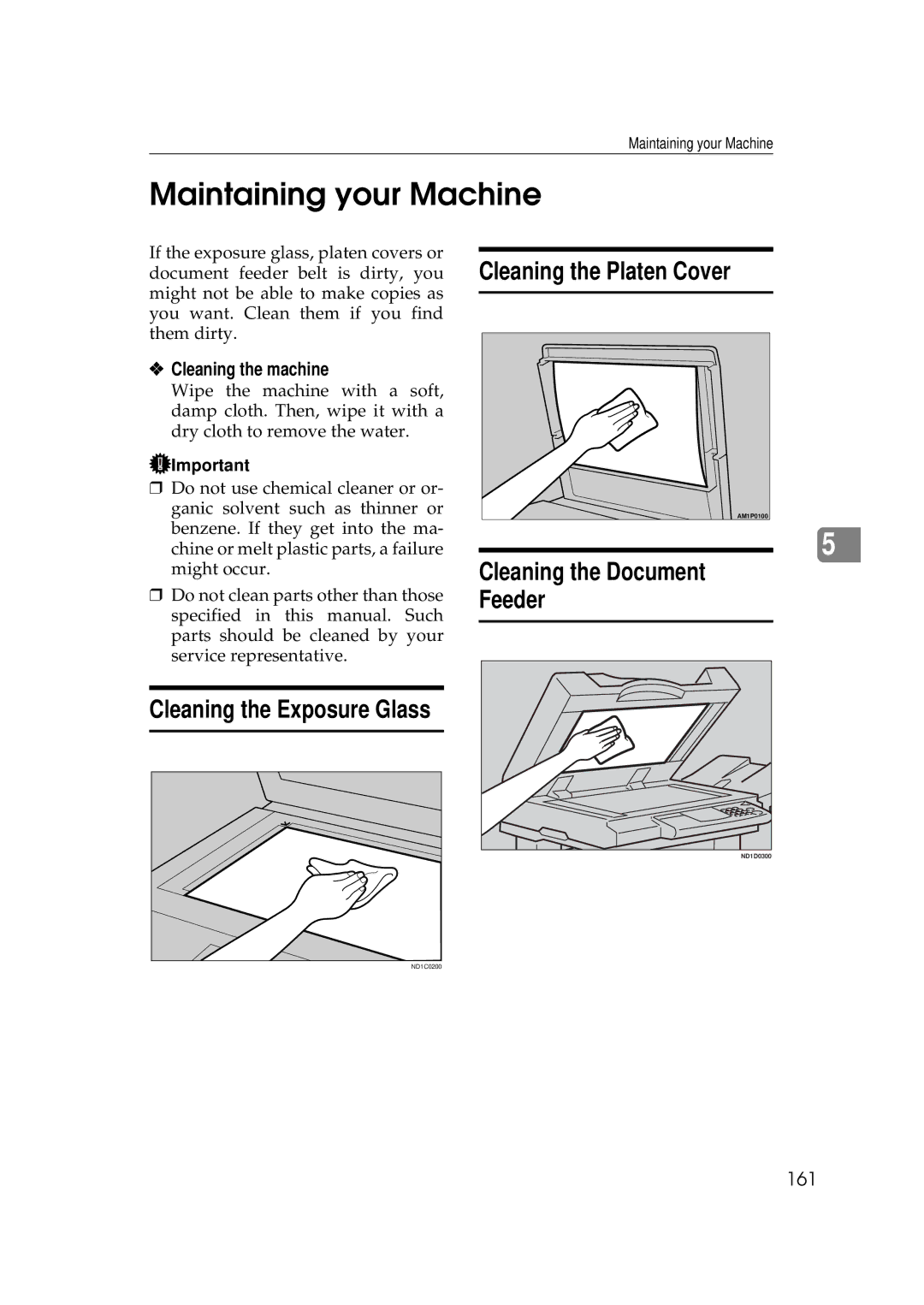 Ricoh 350e Maintaining your Machine, Cleaning the Platen Cover, Cleaning the Document Feeder, Cleaning the machine, 161 