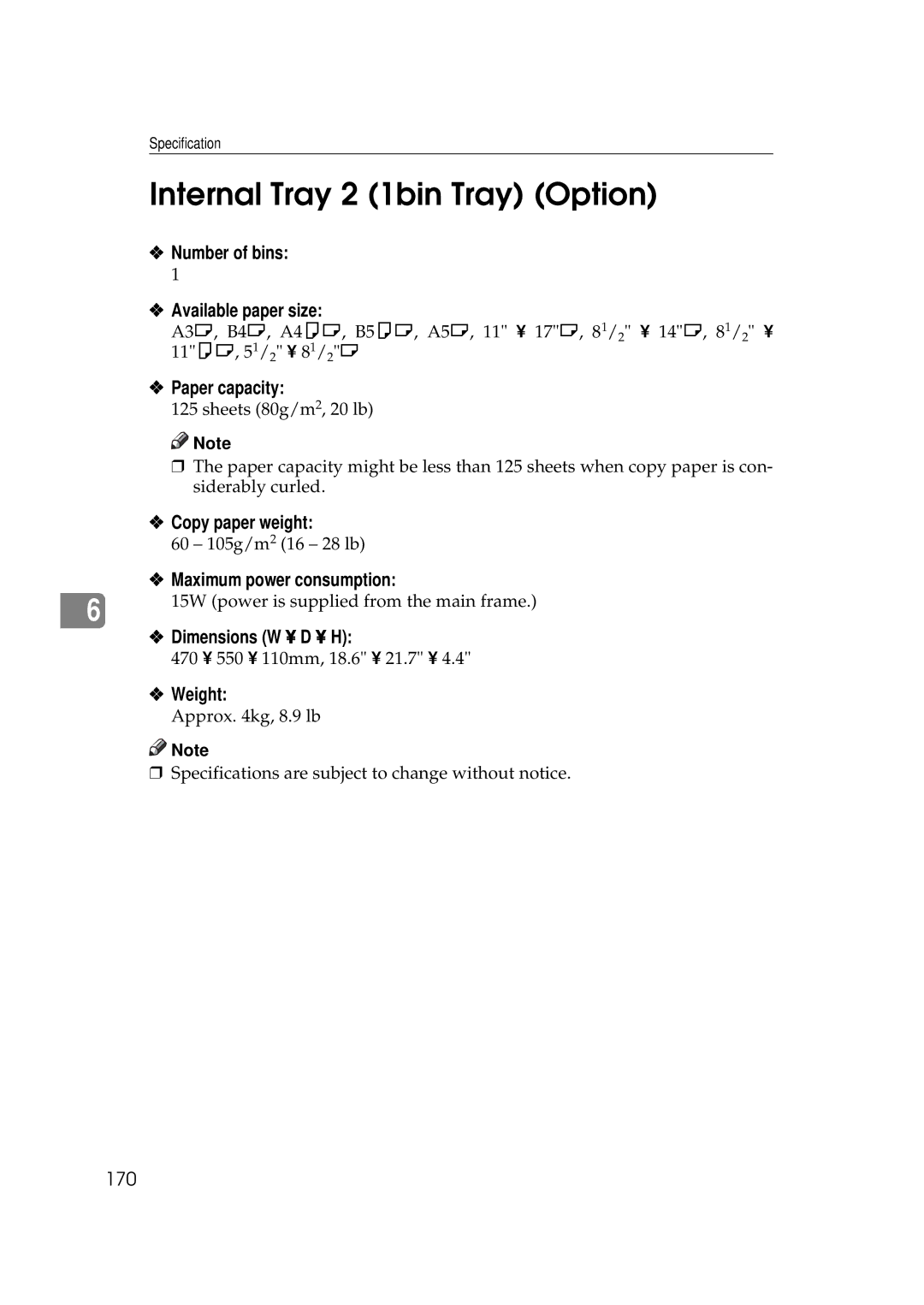 Ricoh 450e, 350e manual Internal Tray 2 1bin Tray Option, Number of bins Available paper size, 170 