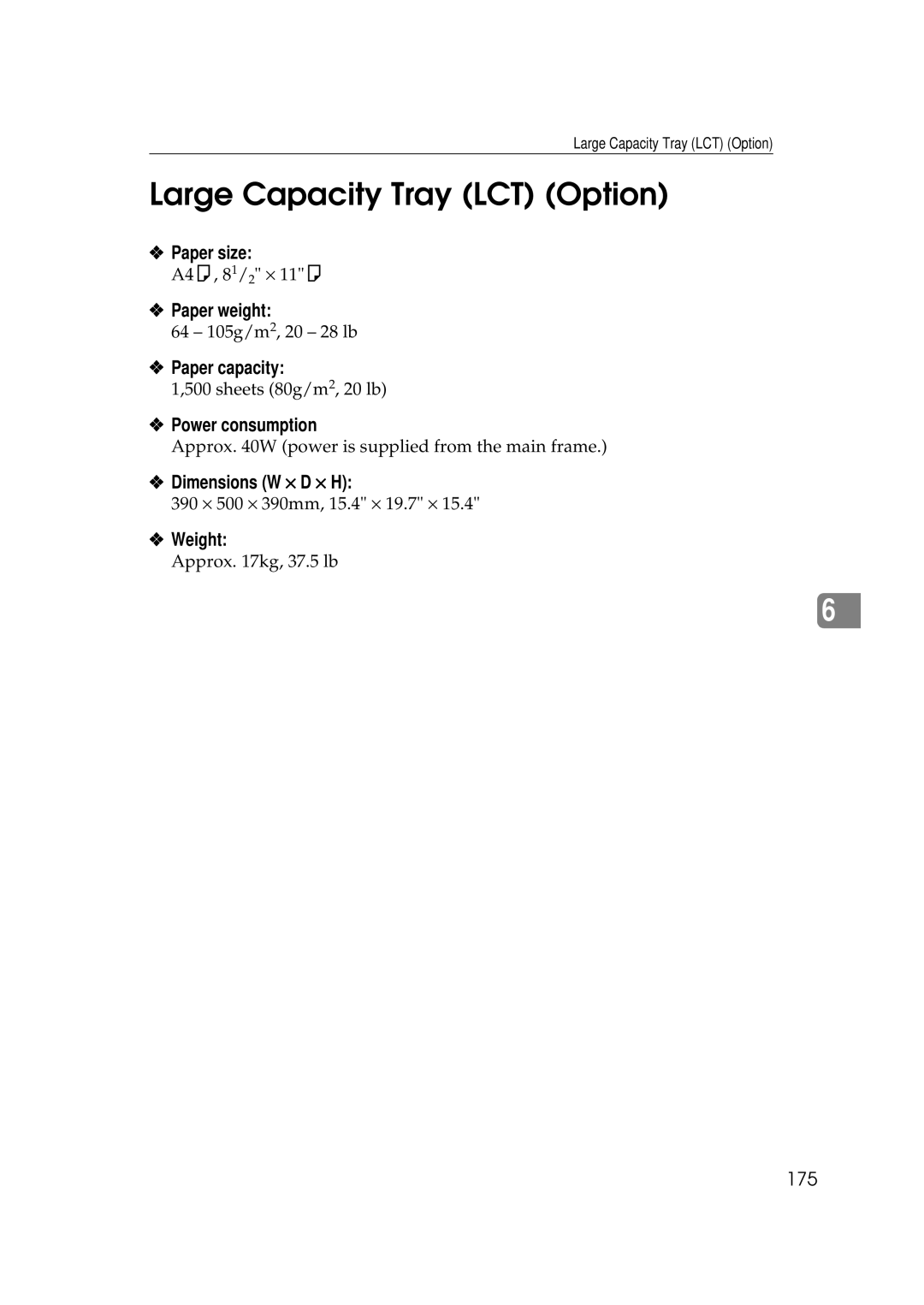 Ricoh 350e, 450e manual Large Capacity Tray LCT Option, 175 