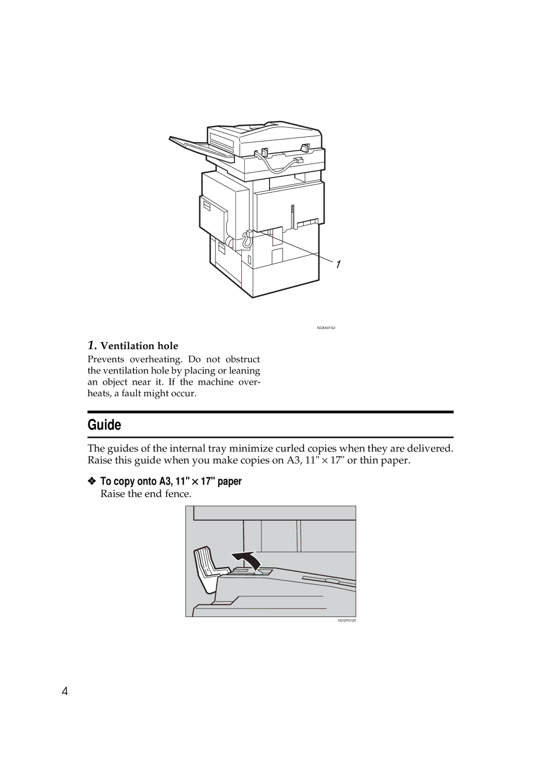 Ricoh 450e, 350e manual Guide, To copy onto A3, 11 × 17 paper, Ventilation hole 