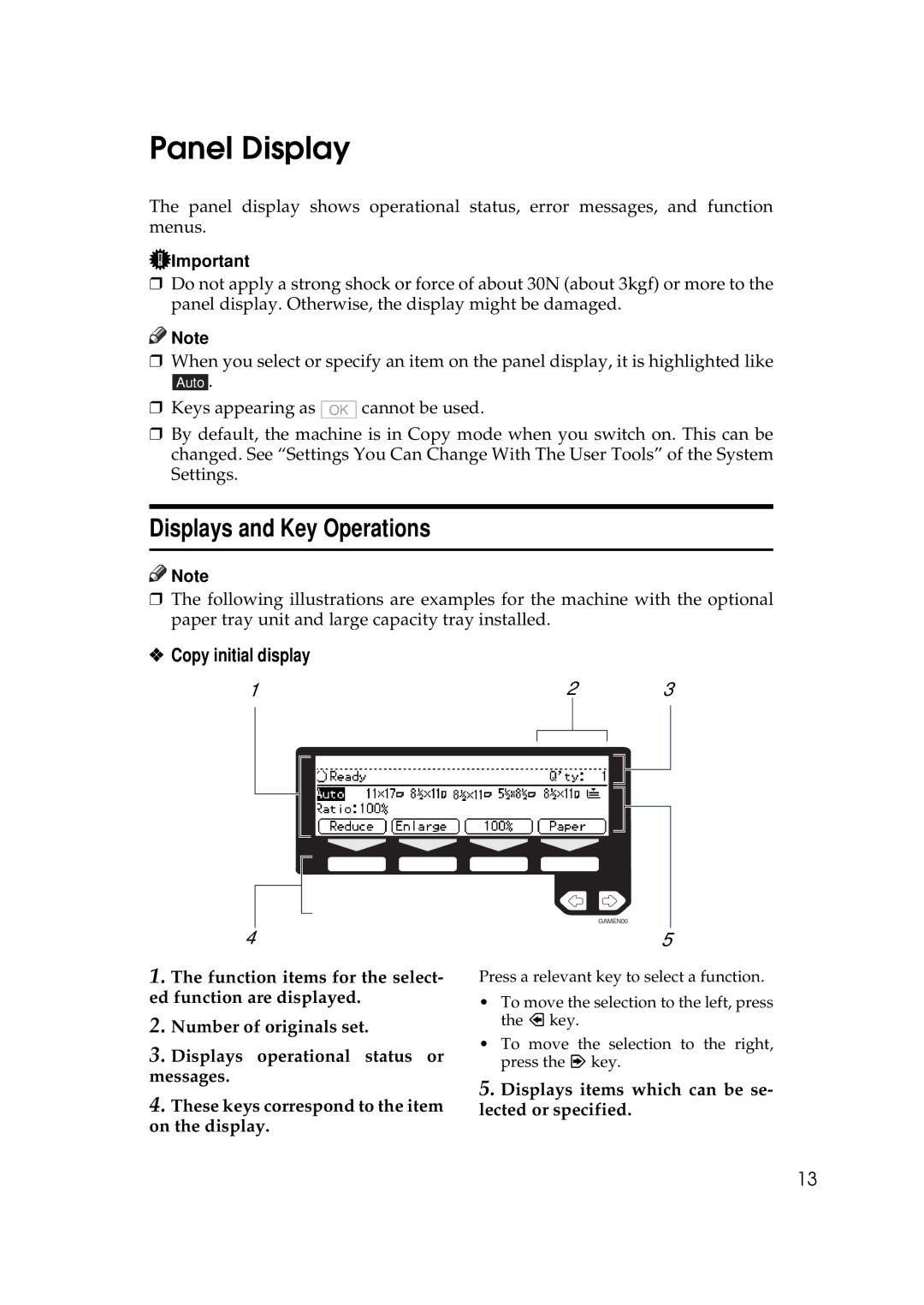 Ricoh 350e, 450e manual Panel Display, Displays and Key Operations, Copy initial display 