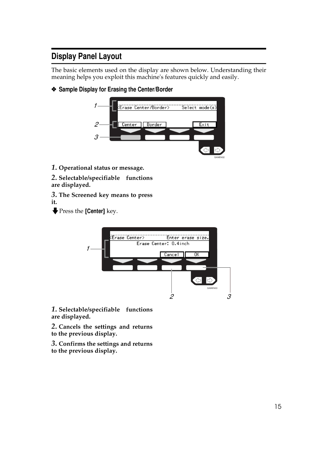 Ricoh 350e, 450e manual Display Panel Layout, Sample Display for Erasing the Center/Border 