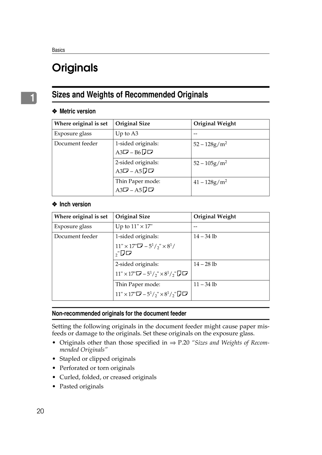 Ricoh 450e, 350e manual Sizes and Weights of Recommended Originals, Metric version, Inch version 