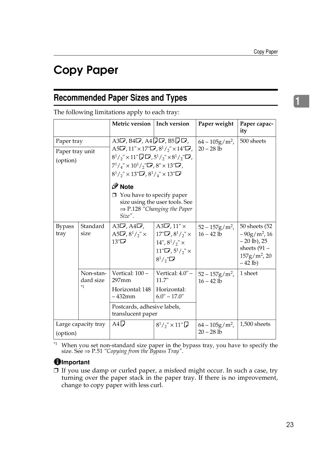 Ricoh 350e, 450e manual Copy Paper, Recommended Paper Sizes and Types 