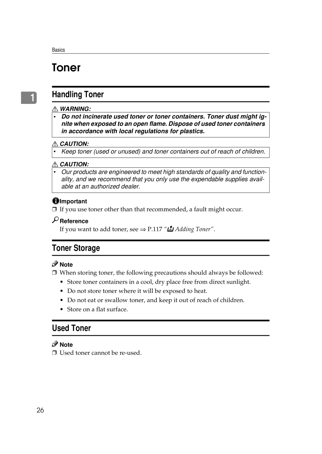 Ricoh 450e, 350e manual Handling Toner, Toner Storage, Used Toner 