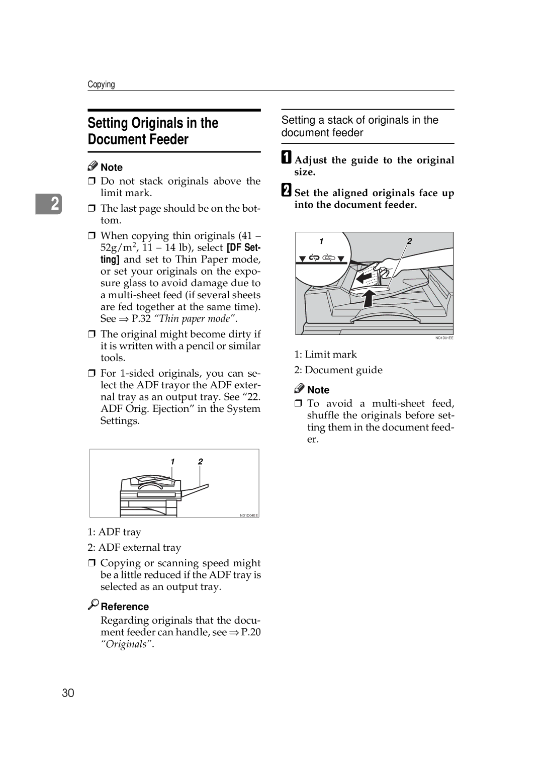 Ricoh 450e, 350e manual Setting Originals Document Feeder, Setting a stack of originals in the document feeder 