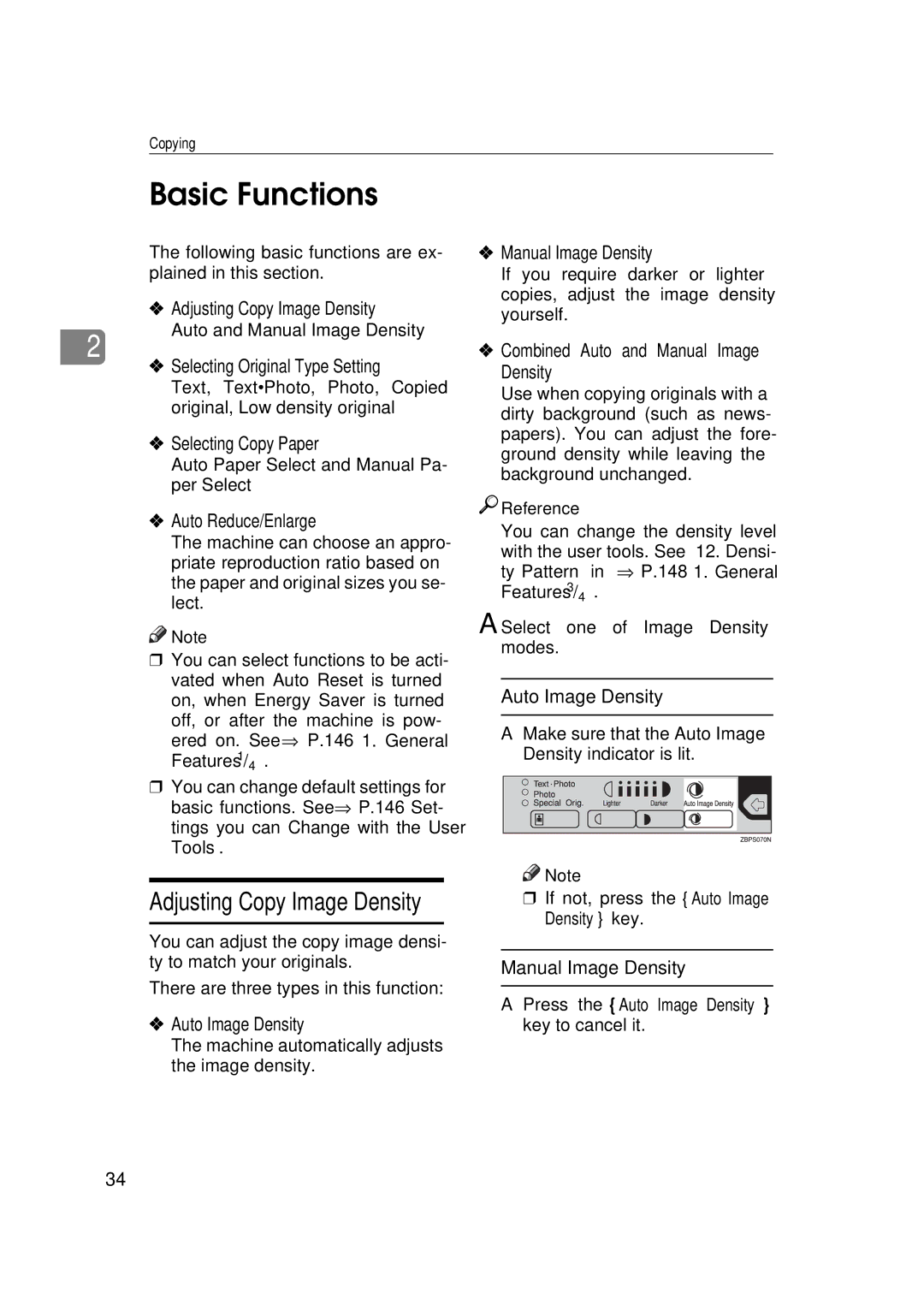 Ricoh 450e, 350e manual Basic Functions, Adjusting Copy Image Density 