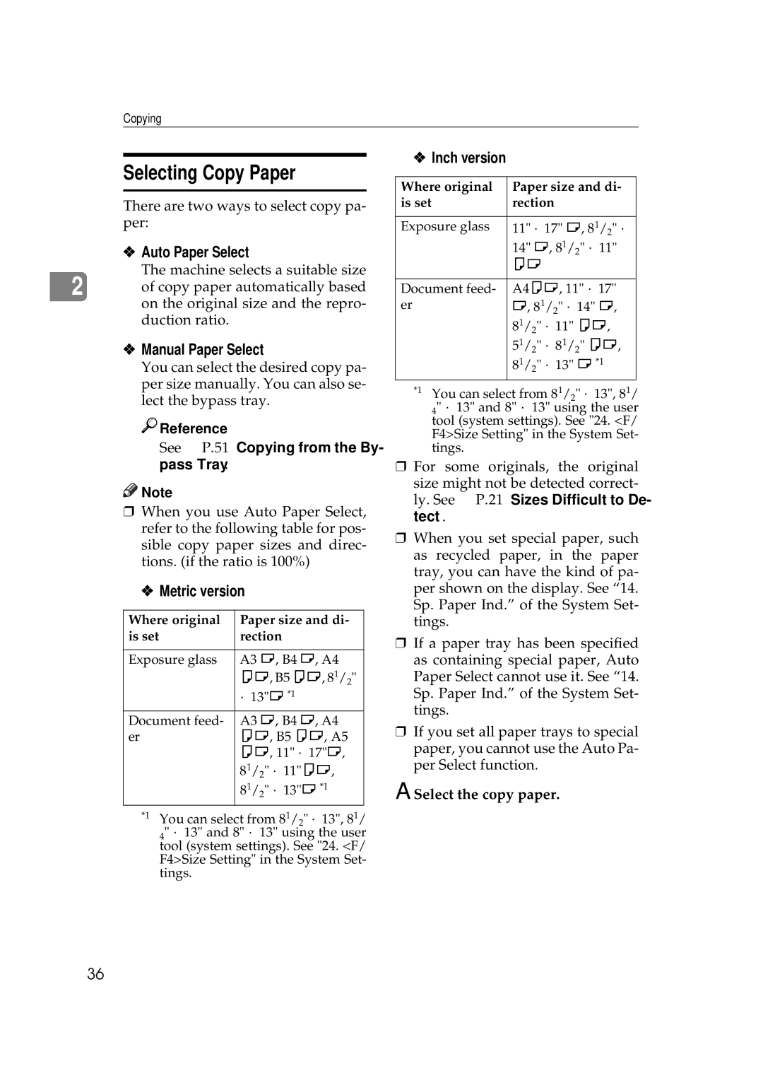 Ricoh 450e, 350e manual Selecting Copy Paper, Auto Paper Select, Manual Paper Select, Select the copy paper 