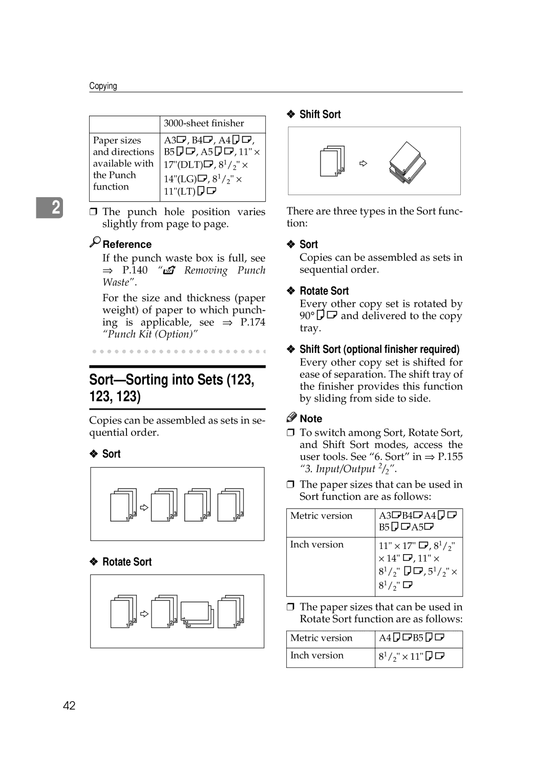 Ricoh 450e, 350e manual Sort-Sorting into Sets 123, 123, Sort Rotate Sort Shift Sort, Shift Sort optional finisher required 