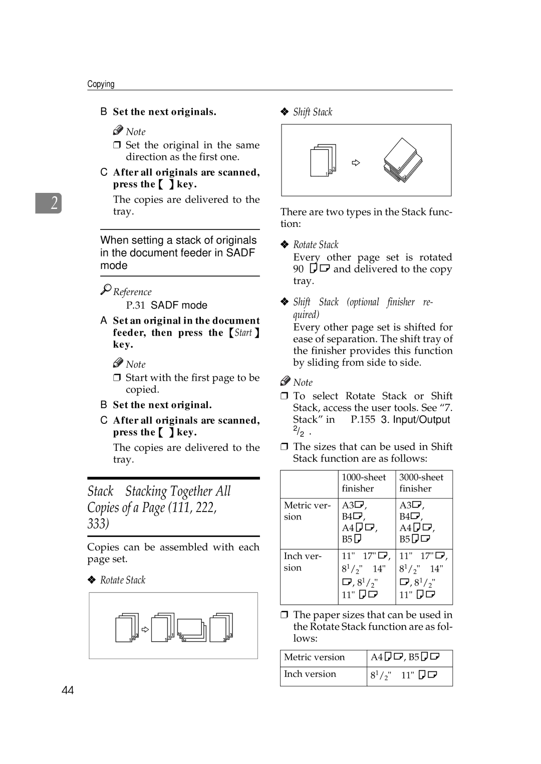 Ricoh 450e, 350e manual Stack-Stacking Together All Copies of a Page 111, 222, Rotate Stack Shift Stack 