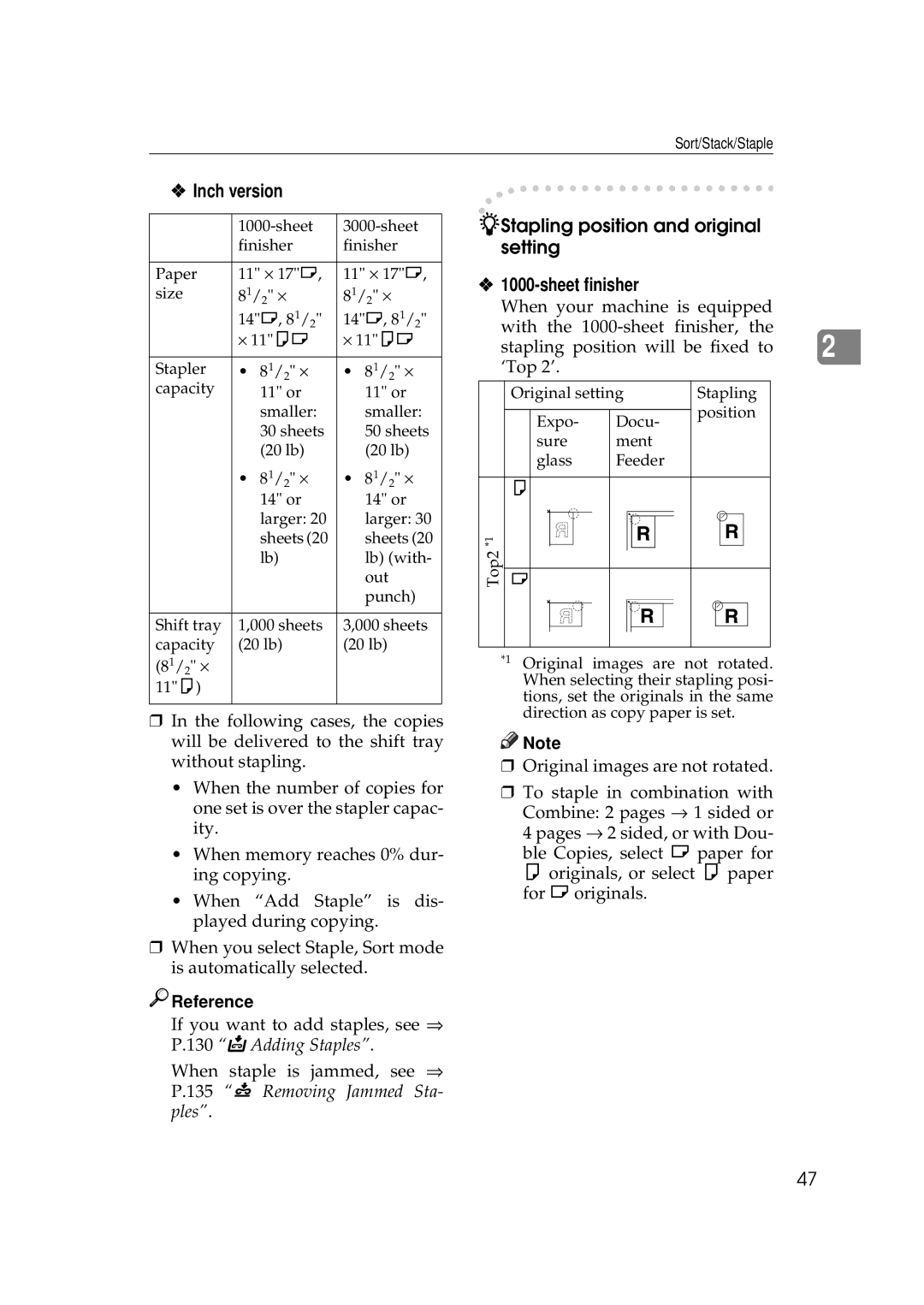Ricoh 350e, 450e manual Stapling position and original setting, Sheet finisher 