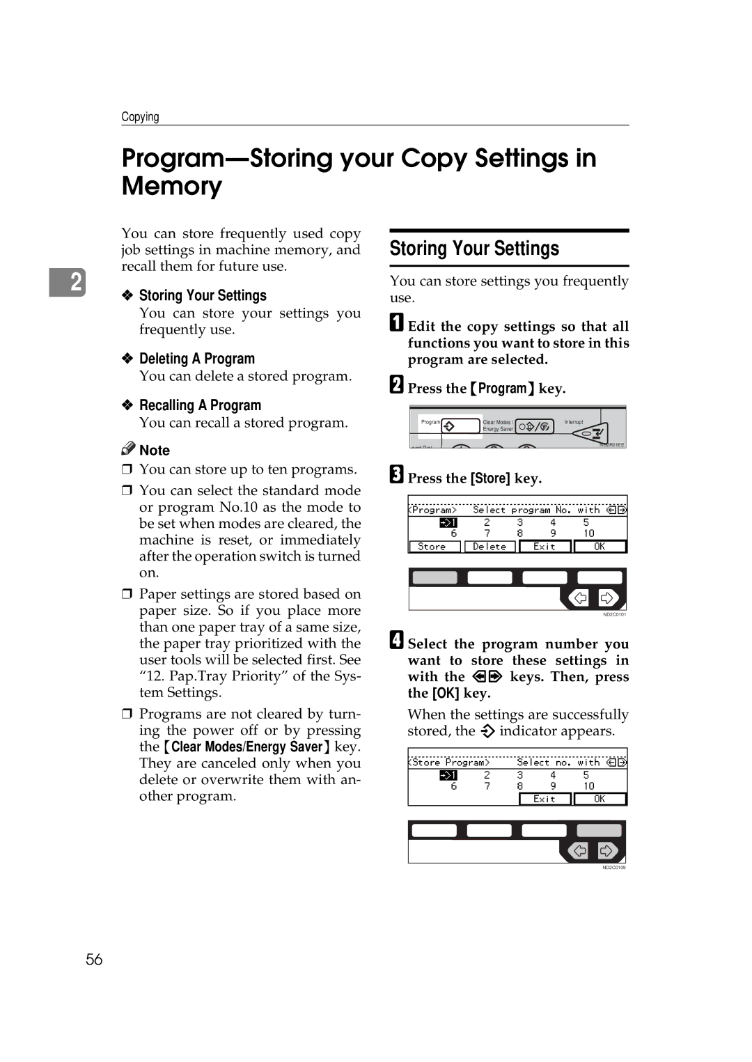 Ricoh 450e Program-Storing your Copy Settings in Memory, Storing Your Settings, Deleting a Program, Recalling a Program 