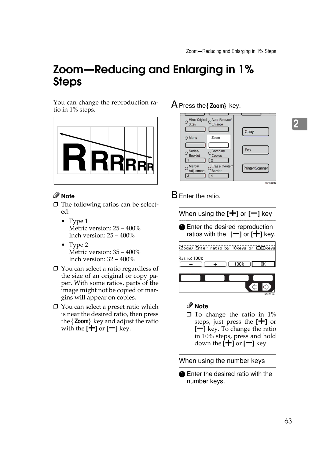 Ricoh 350e, 450e manual Zoom-Reducing and Enlarging in 1% Steps, When using the n or o key, When using the number keys 