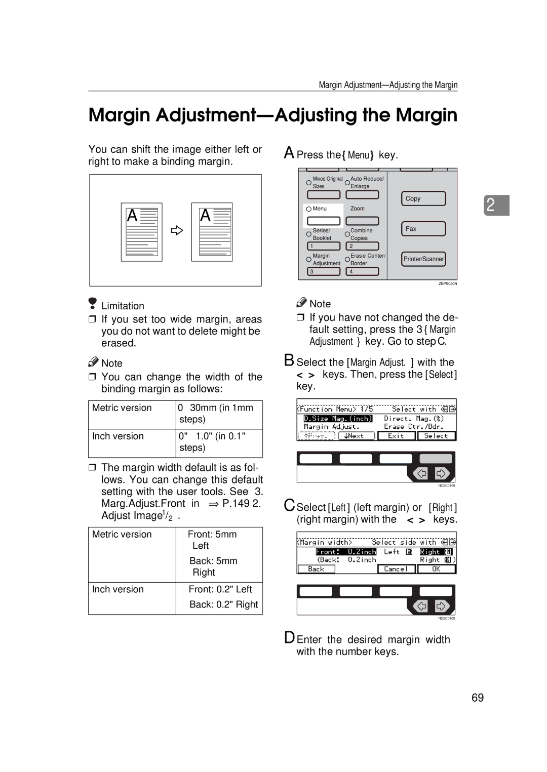 Ricoh 350e Margin Adjustment-Adjusting the Margin, Press the Menu key, Enter the desired margin width with the number keys 