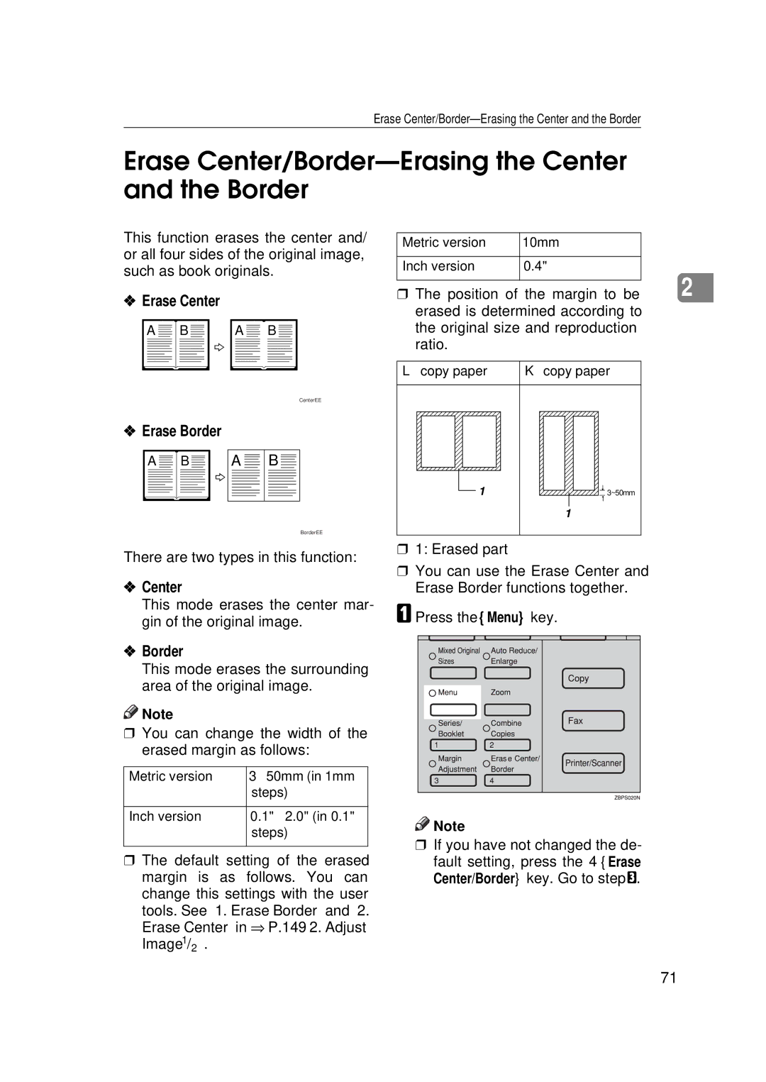 Ricoh 350e, 450e manual Erase Center/Border-Erasing the Center and the Border, Erase Border 