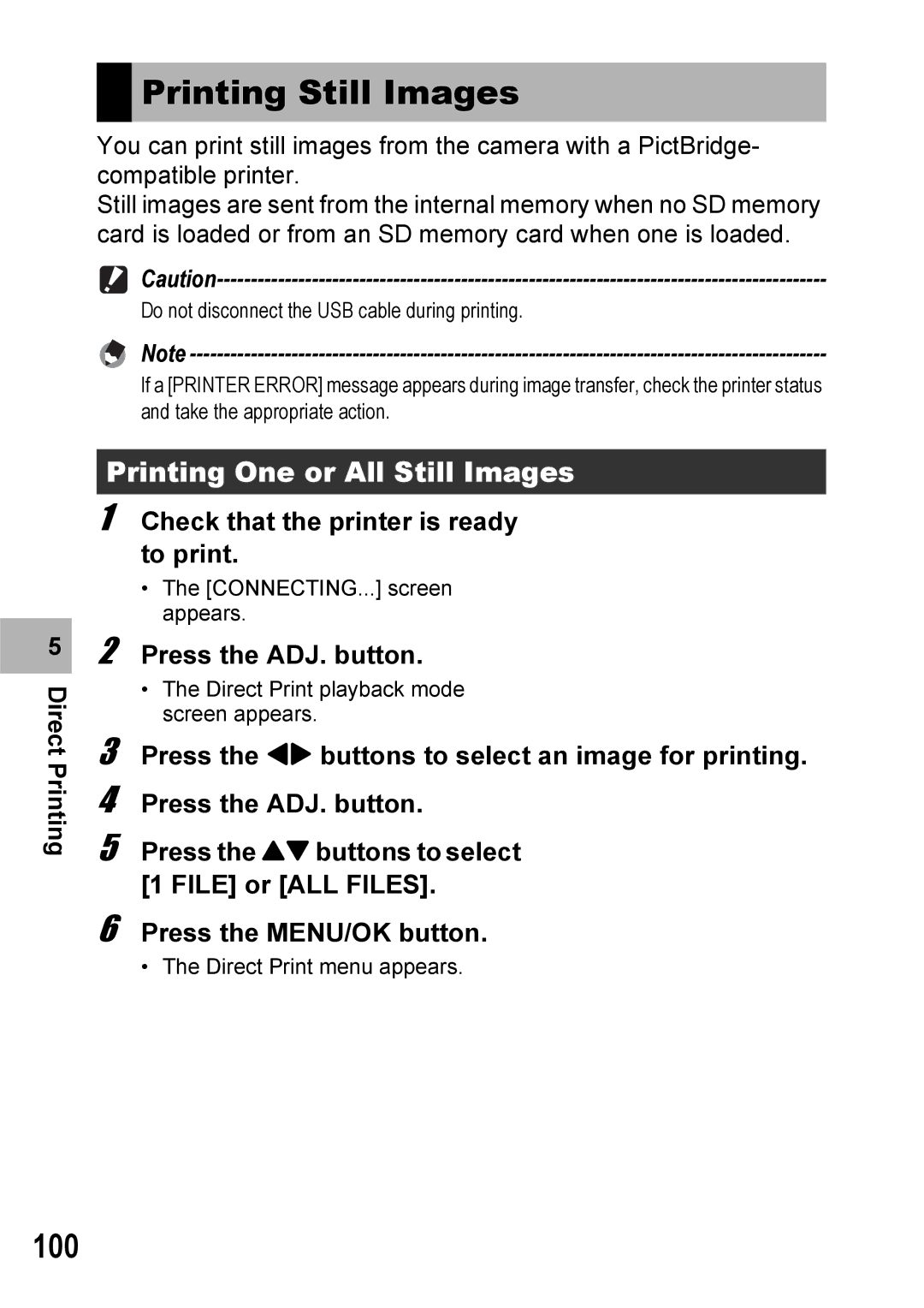 Ricoh 500SE manual Printing Still Images, 100, Printing One or All Still Images, Check that the printer is ready to print 