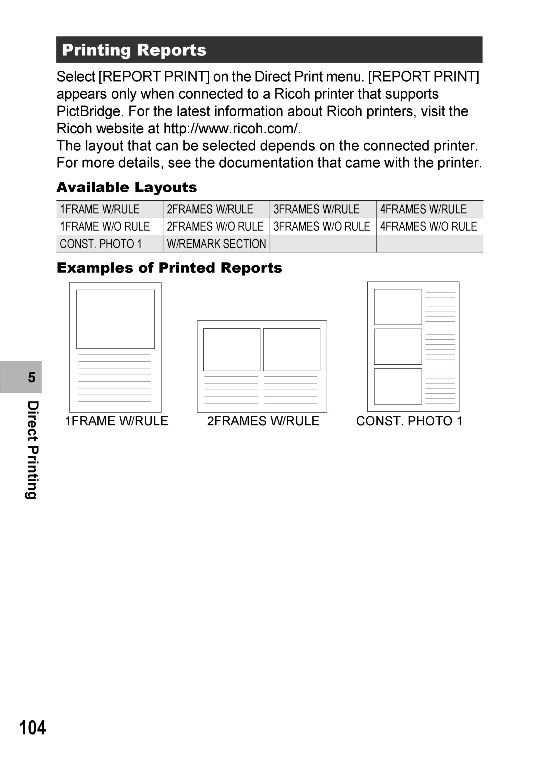 Ricoh 500SE manual 104, Printing Reports, Available Layouts, Examples of Printed Reports Direct Printing 