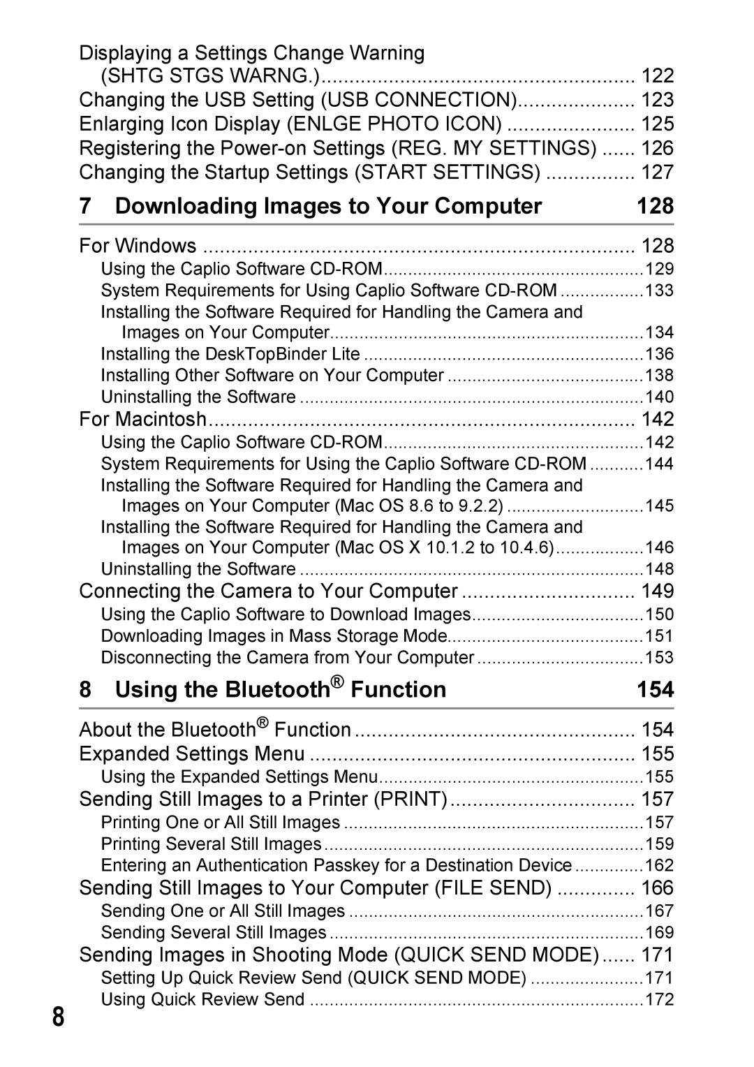 Ricoh 500SE manual Downloading Images to Your Computer 128, Using the Bluetooth Function 154 