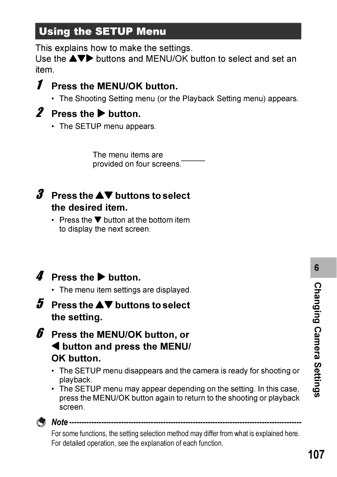 Ricoh 500SE manual 107, Using the Setup Menu, Press the ! buttons to select the desired item 