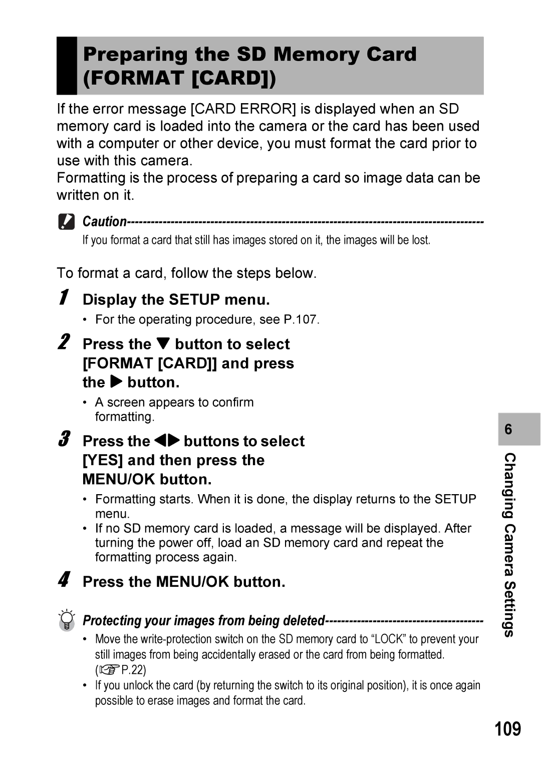 Ricoh 500SE manual Preparing the SD Memory Card Format Card, 109 