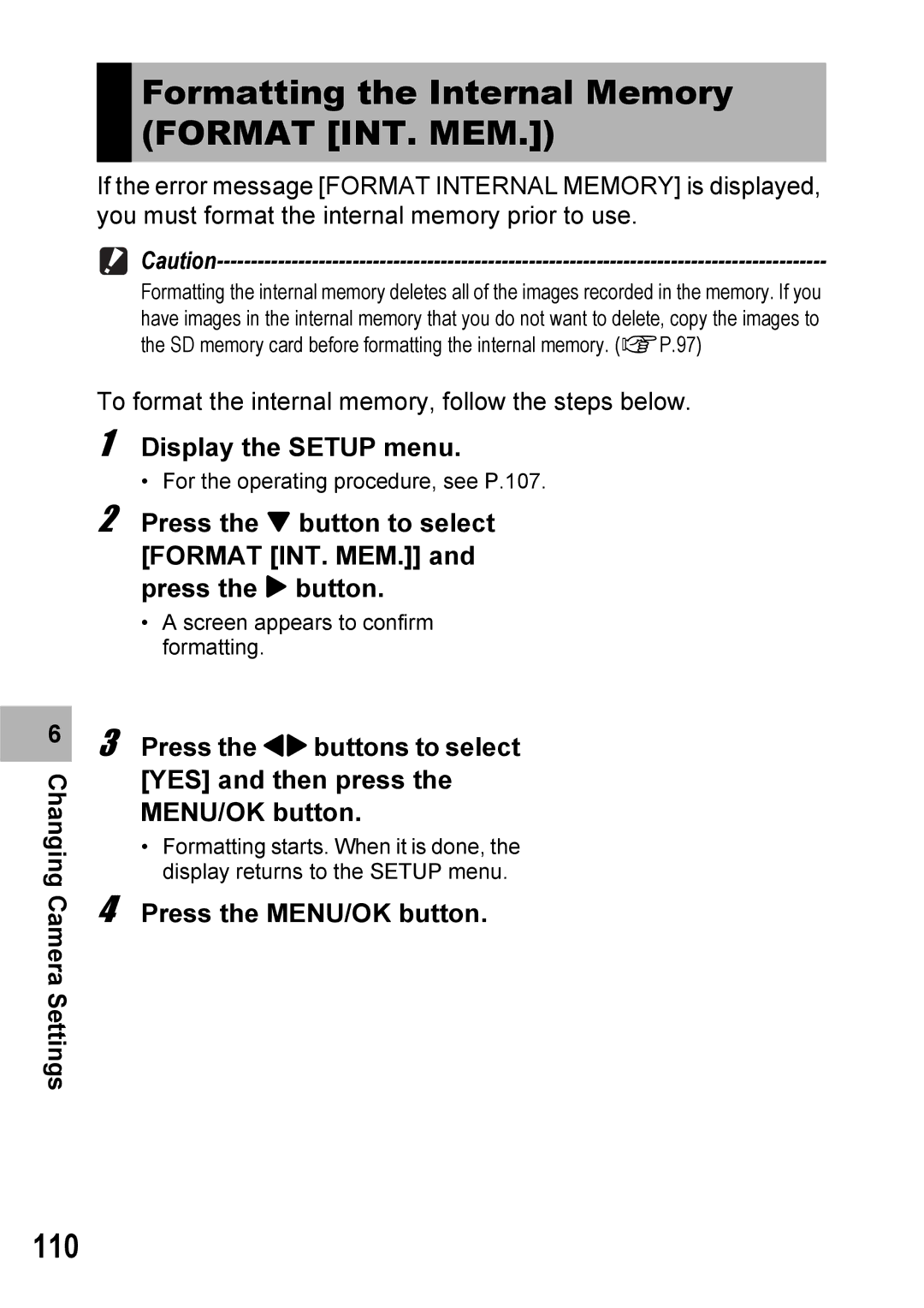 Ricoh 500SE manual Formatting the Internal Memory Format INT. MEM, 110 