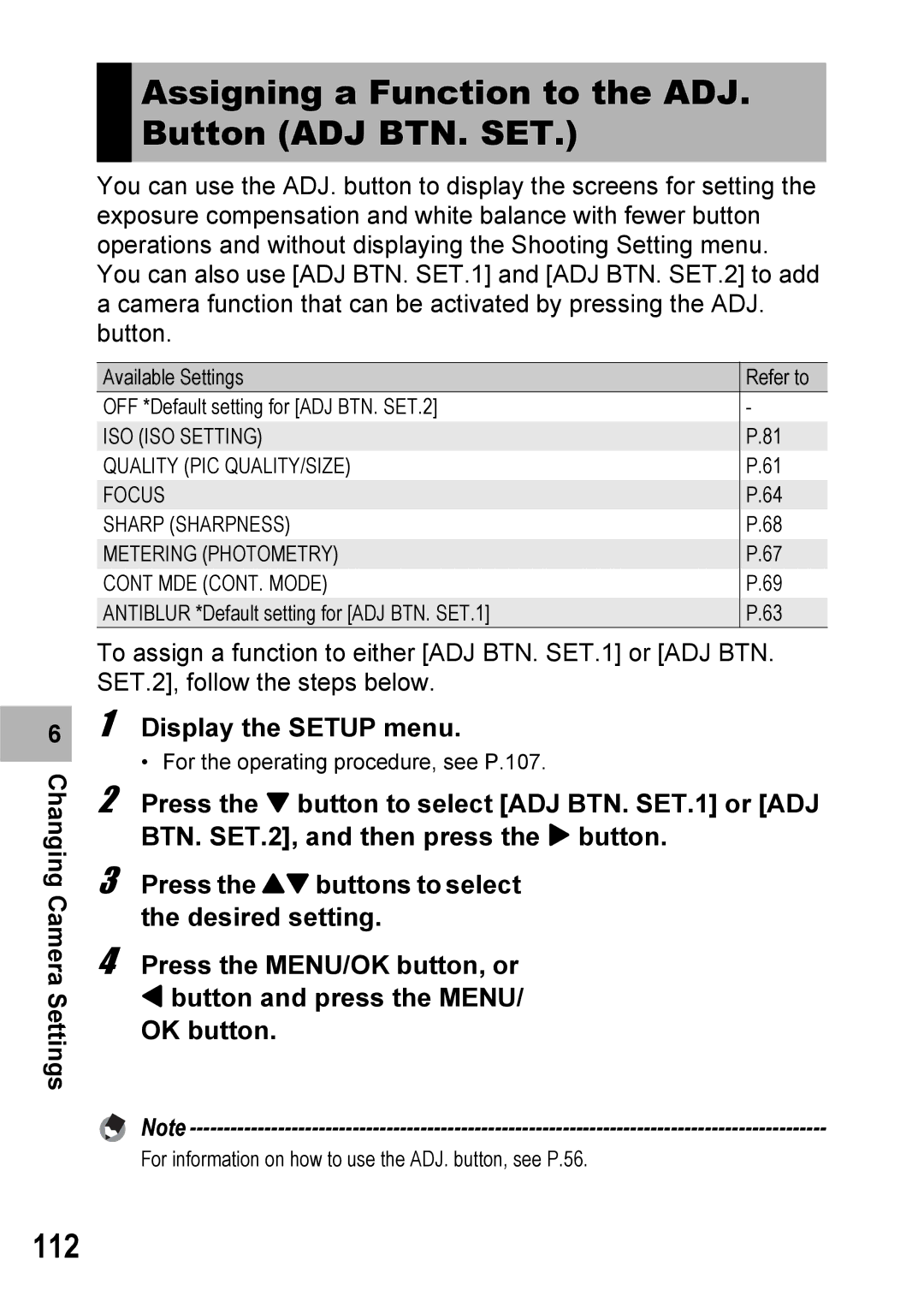 Ricoh 500SE manual Assigning a Function to the ADJ. Button ADJ BTN. SET, 112, Display the Setup menu 