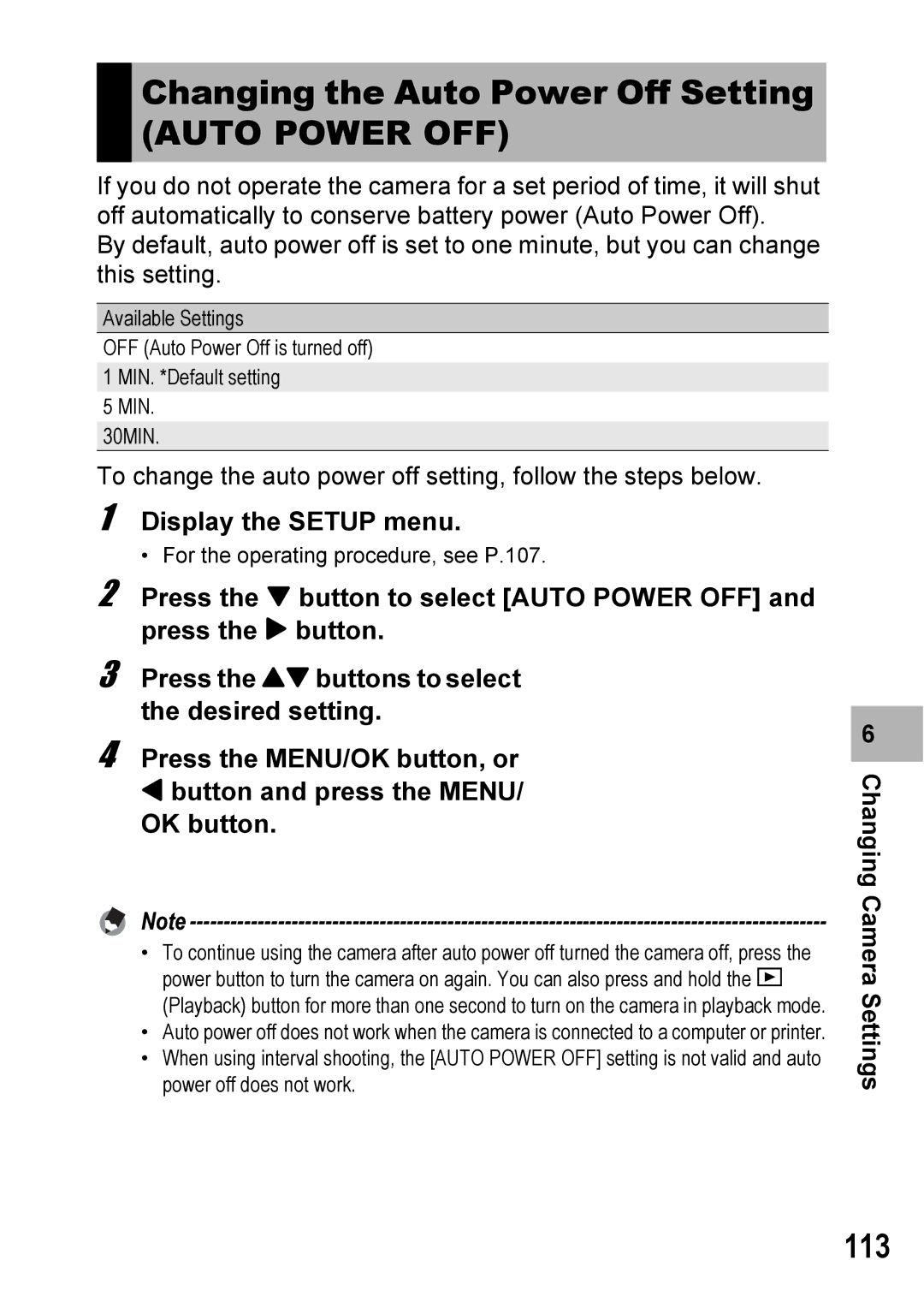 Ricoh 500SE manual Changing the Auto Power Off Setting, Auto Power OFF, 113 