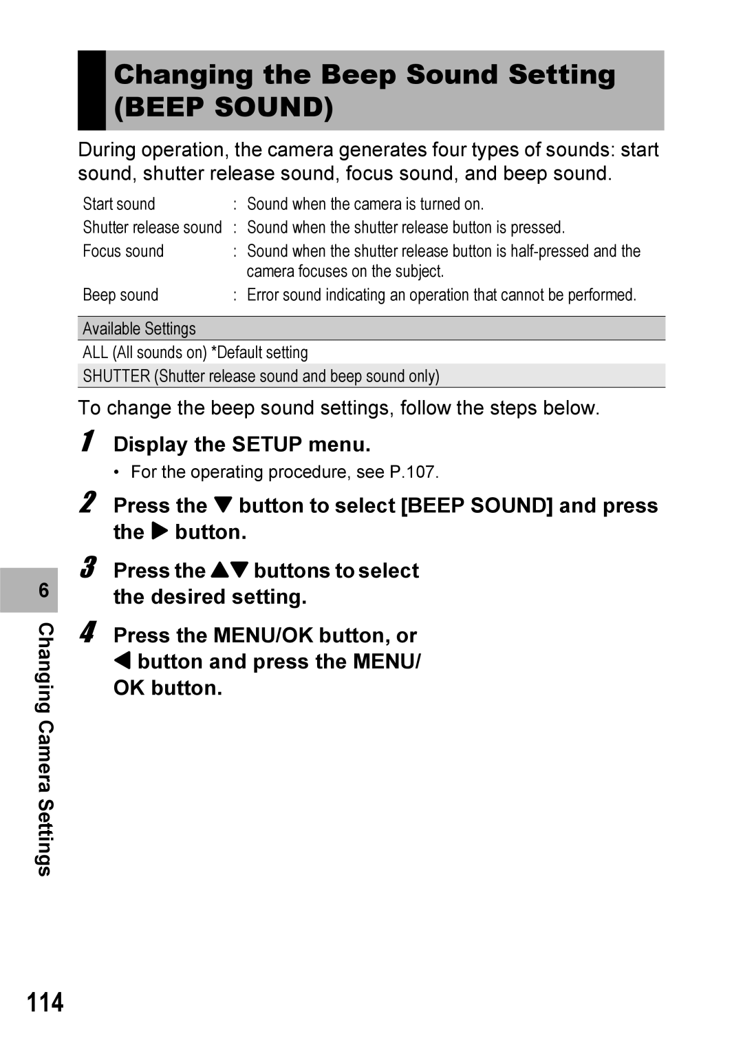 Ricoh 500SE manual Changing the Beep Sound Setting, 114 