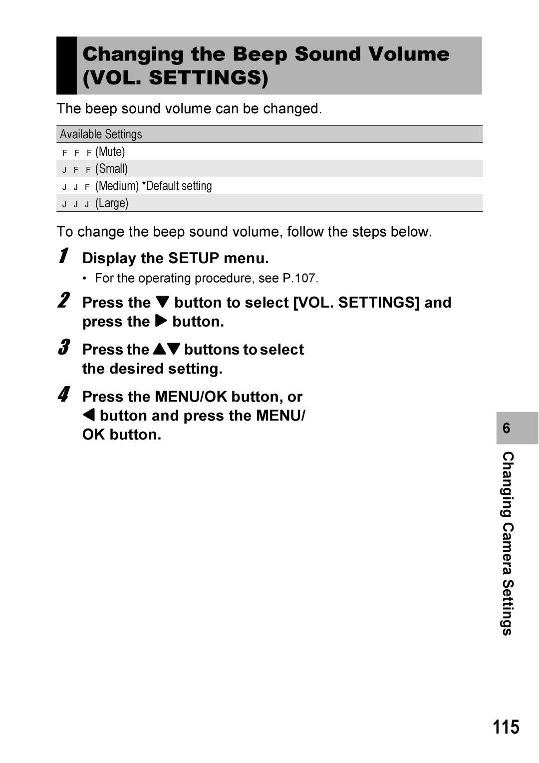 Ricoh 500SE manual Changing the Beep Sound Volume VOL. Settings, 115 